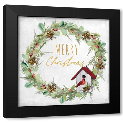 Merry Christmas Wreath and Bird House Black Modern Wood Framed Art Print with Double Matting by Loreth, Lanie