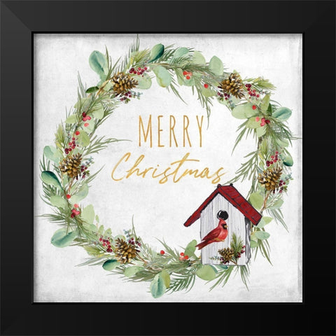 Merry Christmas Wreath and Bird House Black Modern Wood Framed Art Print by Loreth, Lanie