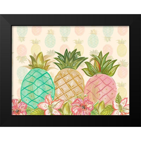 Pineapple Trio with Flowers Black Modern Wood Framed Art Print by Del Sol, Ani