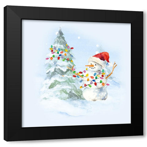 Christmas Snowy Pine And Snowman Black Modern Wood Framed Art Print with Double Matting by Loreth, Lanie