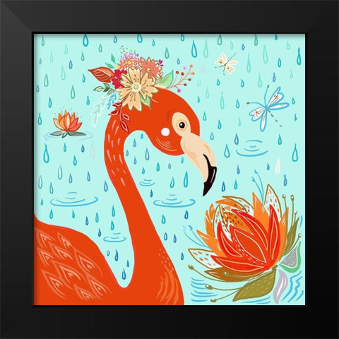 Flamingo in the Rain Black Modern Wood Framed Art Print by Del Sol, Ani