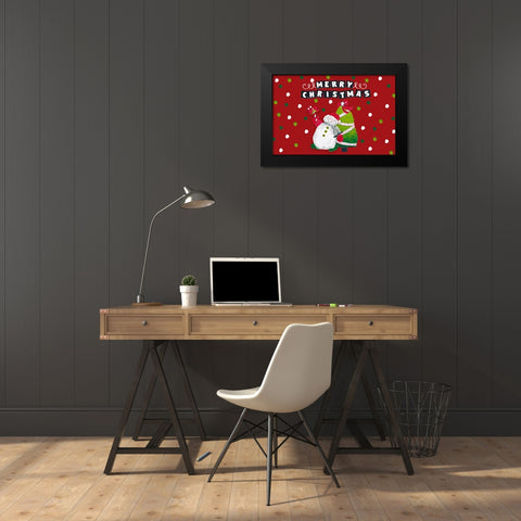 Merry Christmas Snowman and Tree Black Modern Wood Framed Art Print by Pinto, Patricia