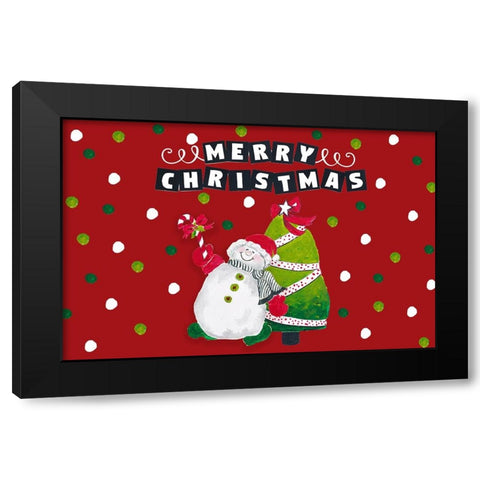 Merry Christmas Snowman and Tree Black Modern Wood Framed Art Print with Double Matting by Pinto, Patricia