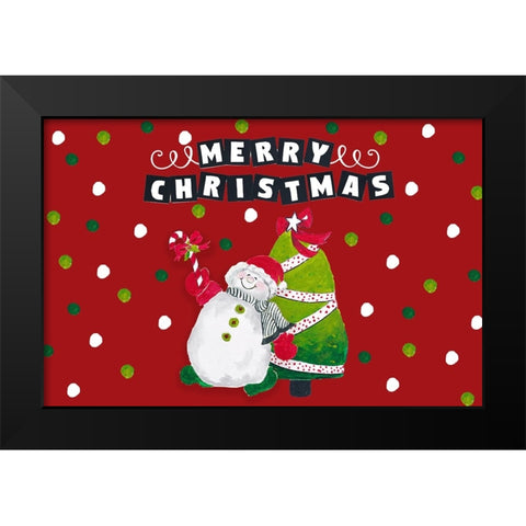 Merry Christmas Snowman and Tree Black Modern Wood Framed Art Print by Pinto, Patricia