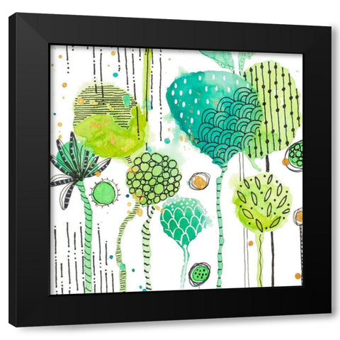 Green Stamped Leaves Square I Black Modern Wood Framed Art Print with Double Matting by Krinlox