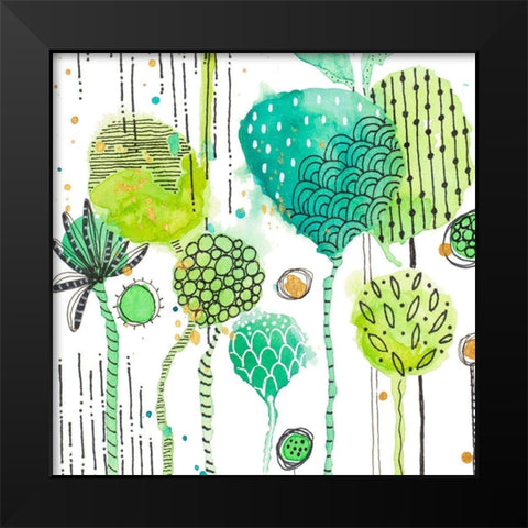 Green Stamped Leaves Square I Black Modern Wood Framed Art Print by Krinlox