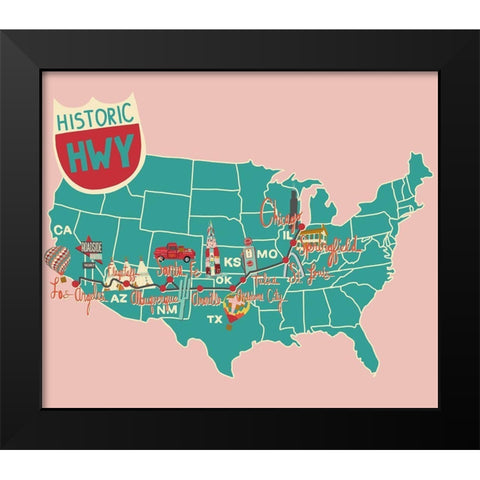 Roadtrip Map Black Modern Wood Framed Art Print by Bucheli, Jen