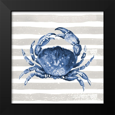 Blue Crab On Wide Stripes Black Modern Wood Framed Art Print by Pinto, Patricia