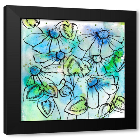 Blue Bursts and Blossoms Square Black Modern Wood Framed Art Print with Double Matting by Krinlox