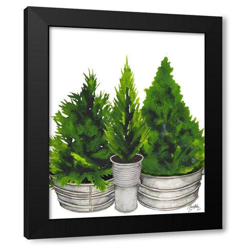 Evergreens in Galvanized Tins Black Modern Wood Framed Art Print with Double Matting by Medley, Elizabeth