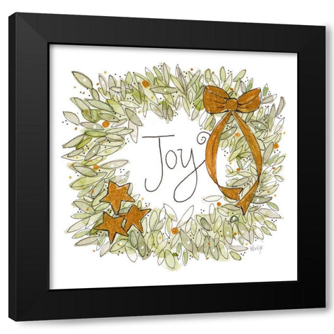 Joyful Wreath with Gold Ribbons Black Modern Wood Framed Art Print by Krinlox