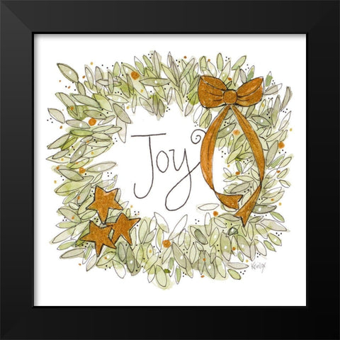 Joyful Wreath with Gold Ribbons Black Modern Wood Framed Art Print by Krinlox