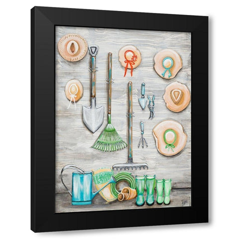 Garden Hats And Tools Black Modern Wood Framed Art Print with Double Matting by Ritter, Gina
