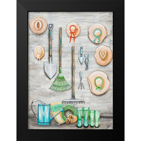 Garden Hats And Tools Black Modern Wood Framed Art Print by Ritter, Gina