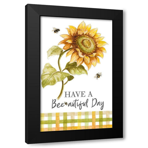 Harvest Sunflower Bee With Plaid Black Modern Wood Framed Art Print by Pinto, Patricia