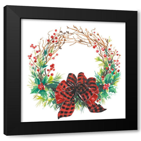 Christmas Holly Wreath Black Modern Wood Framed Art Print by Pinto, Patricia