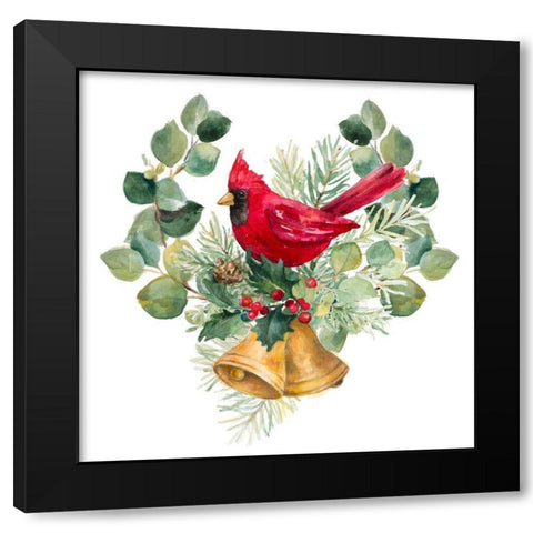Northern Cardinal On Holiday Bells Black Modern Wood Framed Art Print with Double Matting by Loreth, Lanie