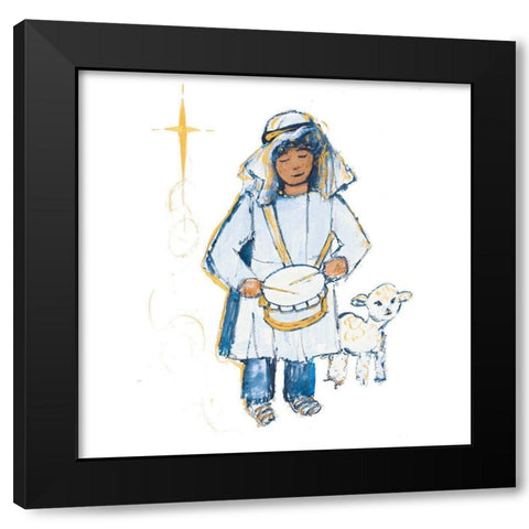 Drummer Boy And Lamb (blue and gold) Black Modern Wood Framed Art Print by Maria, Robin