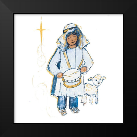 Drummer Boy And Lamb (blue and gold) Black Modern Wood Framed Art Print by Maria, Robin