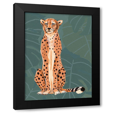 Cheetah Retro On Leaf Pattern Black Modern Wood Framed Art Print by Pinto, Patricia