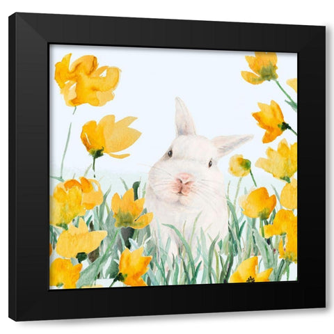 White Bunny Amongst Yellow Flowers Black Modern Wood Framed Art Print by Loreth, Lanie