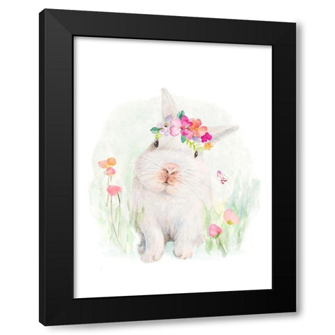 White Bunny With Flower Bonnet Black Modern Wood Framed Art Print with Double Matting by Loreth, Lanie