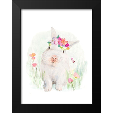 White Bunny With Flower Bonnet Black Modern Wood Framed Art Print by Loreth, Lanie