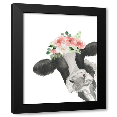 Hello Cow With Flower Crown Black Modern Wood Framed Art Print by Price, Lucille