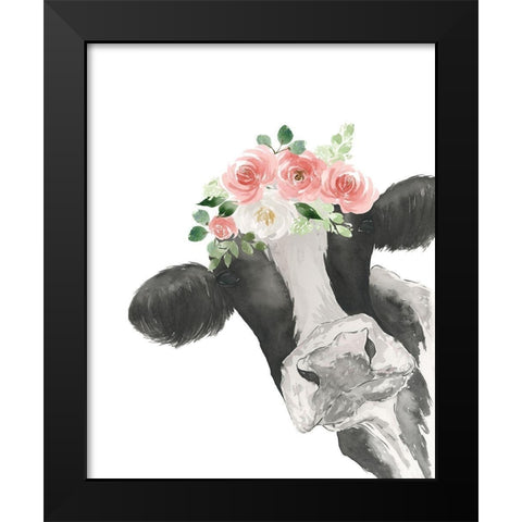 Hello Cow With Flower Crown Black Modern Wood Framed Art Print by Price, Lucille