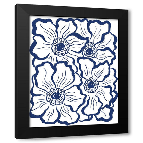 Navy Floral Linocut I Black Modern Wood Framed Art Print with Double Matting by Medley, Elizabeth