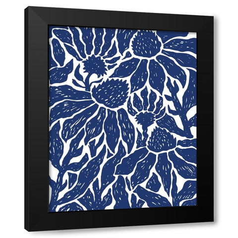 Navy Floral Linocut II Black Modern Wood Framed Art Print by Medley, Elizabeth