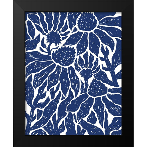 Navy Floral Linocut II Black Modern Wood Framed Art Print by Medley, Elizabeth