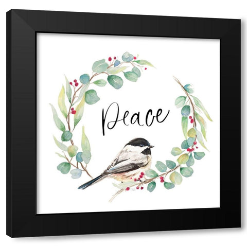 Peace Eucalyptus Wreath and Chickadee Black Modern Wood Framed Art Print with Double Matting by Pinto, Patricia