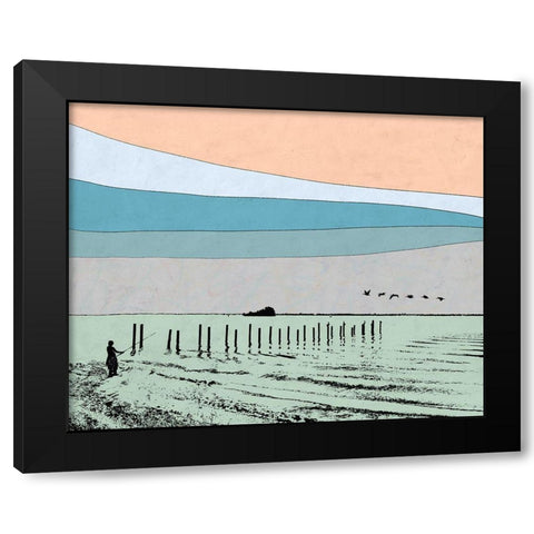 Beach Fishing Black Modern Wood Framed Art Print by Tom, Ella