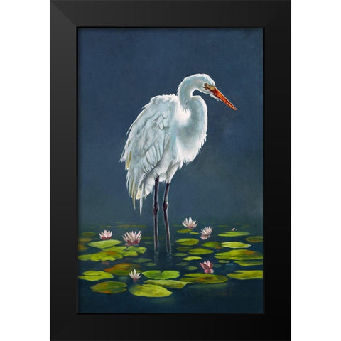 Egret Amongst The Lily Pads Black Modern Wood Framed Art Print by Sheppard, Lucca