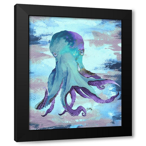 Octopus Blue Black Modern Wood Framed Art Print by Medley, Elizabeth