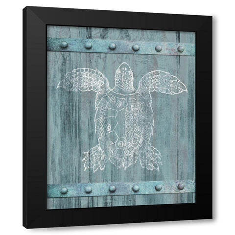 White Turtle Painted On Blue Wood Black Modern Wood Framed Art Print with Double Matting by Meneely, Dan