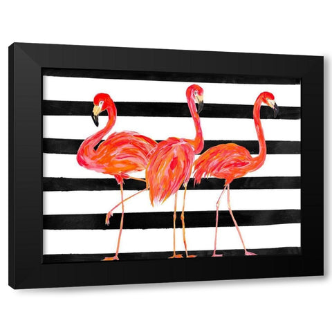 Fondly Flamingo Trio on Stripe Black Modern Wood Framed Art Print by DeRice, Julie