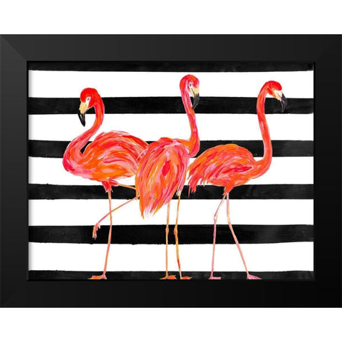 Fondly Flamingo Trio on Stripe Black Modern Wood Framed Art Print by DeRice, Julie