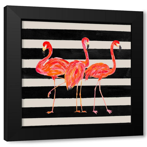 Fondly Flamingo Trio Square on Stripe Black Modern Wood Framed Art Print by DeRice, Julie