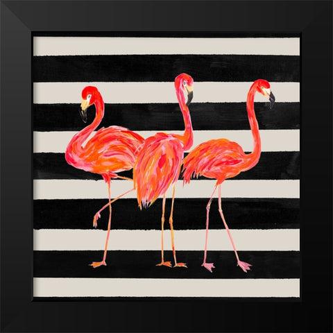 Fondly Flamingo Trio Square on Stripe Black Modern Wood Framed Art Print by DeRice, Julie