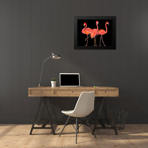 Trio of Flamingos on Black Black Modern Wood Framed Art Print by DeRice, Julie