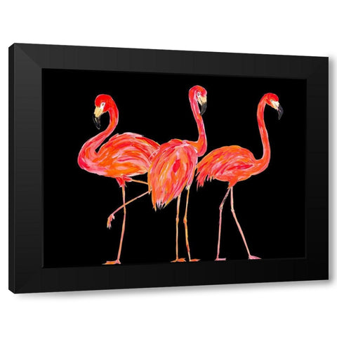 Trio of Flamingos on Black Black Modern Wood Framed Art Print by DeRice, Julie