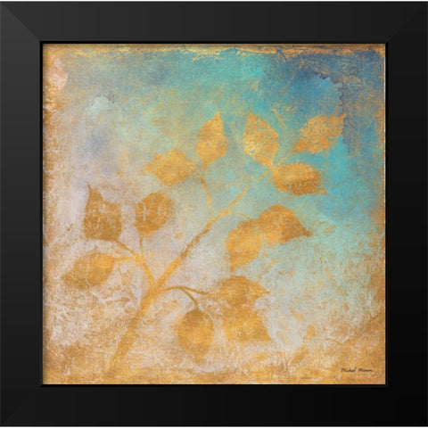 Gold Leaves on Blues I Black Modern Wood Framed Art Print by Marcon, Michael