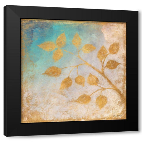 Gold Leaves on Blues II Black Modern Wood Framed Art Print by Marcon, Michael