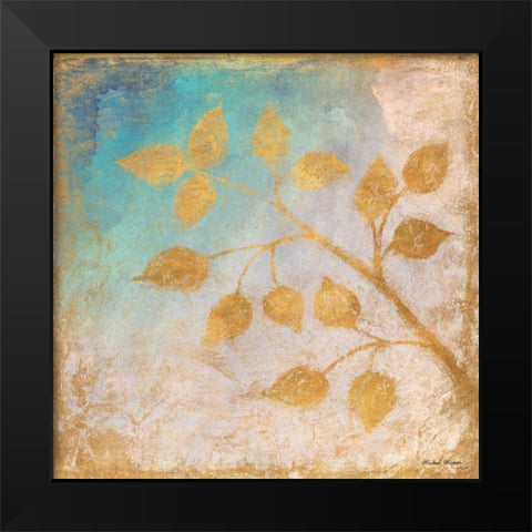 Gold Leaves on Blues II Black Modern Wood Framed Art Print by Marcon, Michael