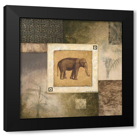 Elephant Woodcut Black Modern Wood Framed Art Print by Marcon, Michael