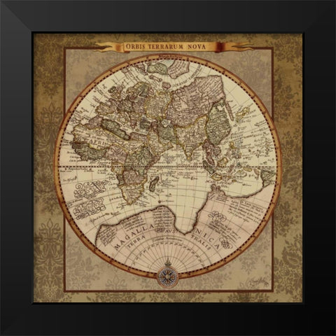 Damask World Map II Black Modern Wood Framed Art Print by Medley, Elizabeth