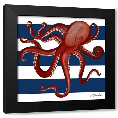 Red Octopus on Navy Stripes Black Modern Wood Framed Art Print with Double Matting by Ritter, Gina