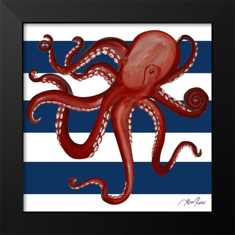 Red Octopus on Navy Stripes Black Modern Wood Framed Art Print by Ritter, Gina